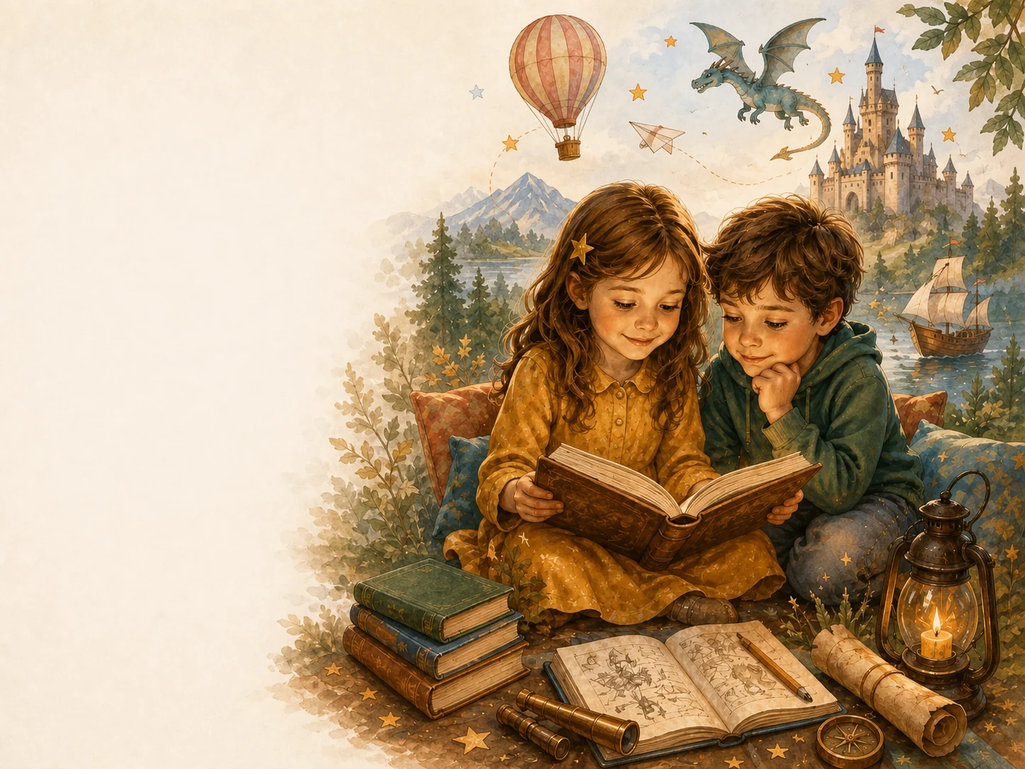 Девочка и мальчик читают книгу в сказочном мире